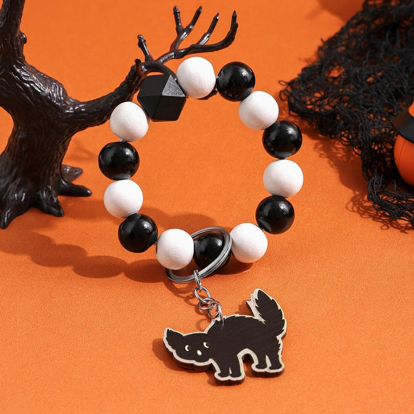 Wholesale Halloween Wooden Spooky Pumpkin Spider Beaded Wrist Keychain